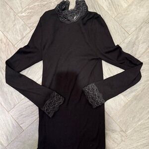 Elegant Black Lace Trim Women's Mock Turtleneck Top from Rosemunde NWOT
